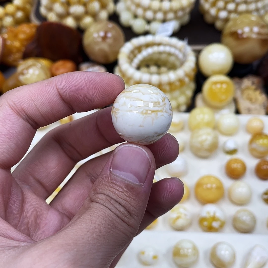 蜜蜡未镶嵌珠宝奇石22.8mm【金丝石膏瓷白】圆珠