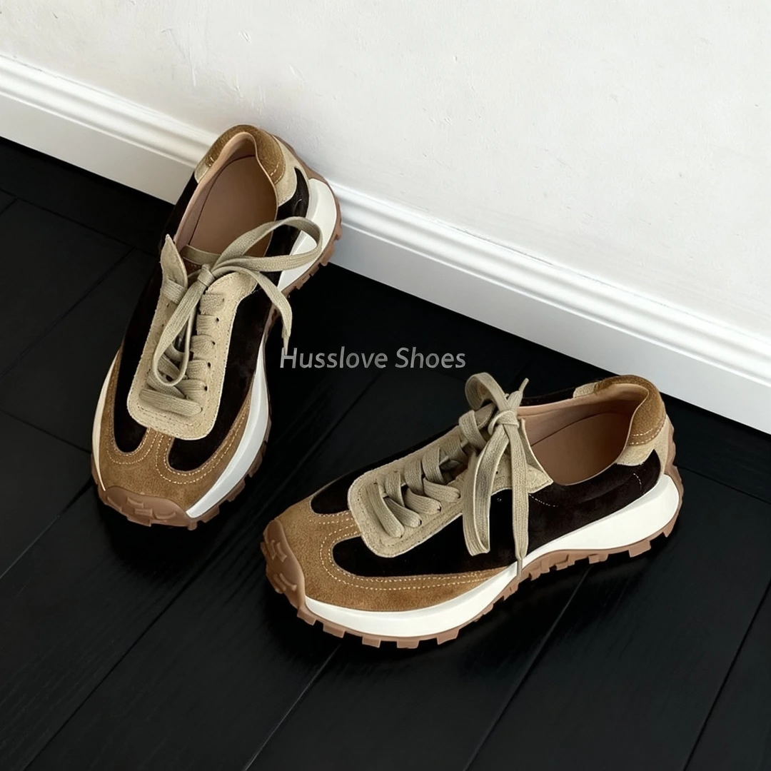 HUSSLOVE 牛反绒·跟高3.5CM·秋冬系带撞色厚底增高学院风休闲鞋