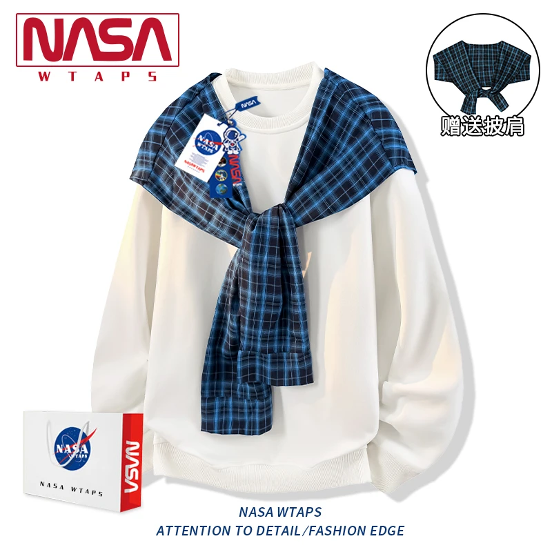 NASA WTAPS美式格子披肩圆领长袖卫衣男款春秋季简约宽松套头上衣