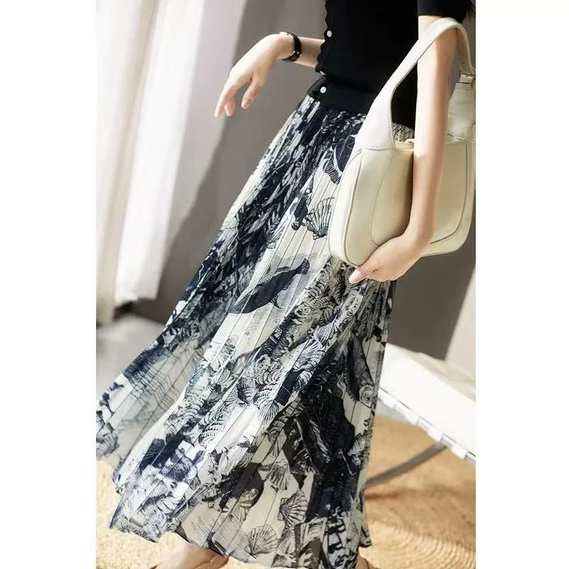 门店4/2&9！禾家原面料！水墨海洋/仿真丝半裙百褶休闲裙子女L40969