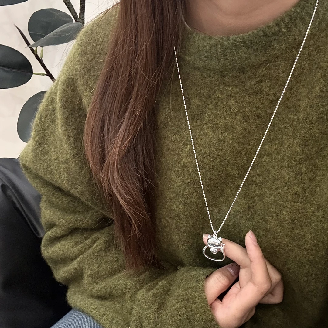 链子925银 招财猫纯银毛衣链精致气质小众原创设计日韩简约时尚