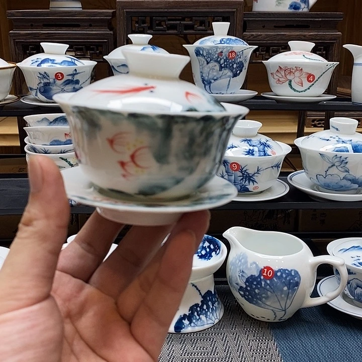 手绘茶具荷花盖碗