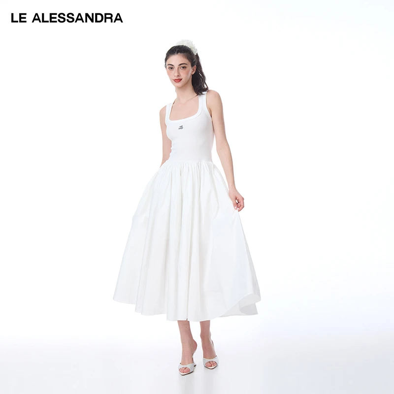 品牌直营 LE ALESSANDRA春夏白色方领螺纹背心拼接长款连衣裙伞裙