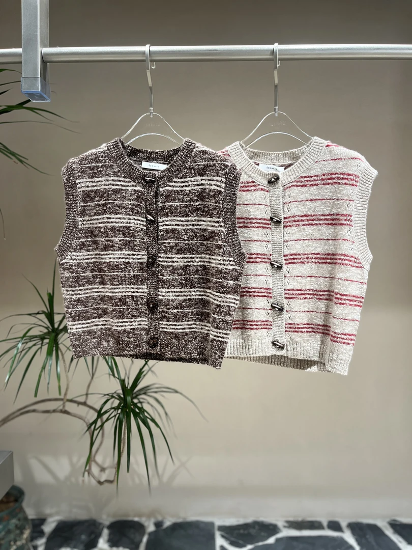 ECRIVAIN 条纹圆领针织开衫背心