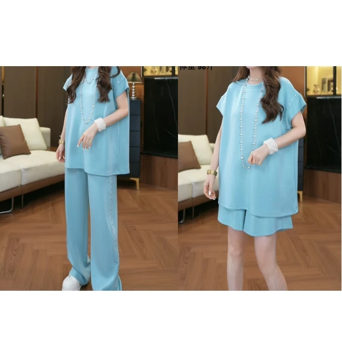 【鑫蕾】夏季宽松套装圆领上衣中腰阔腿裤时尚休闲两件套28777