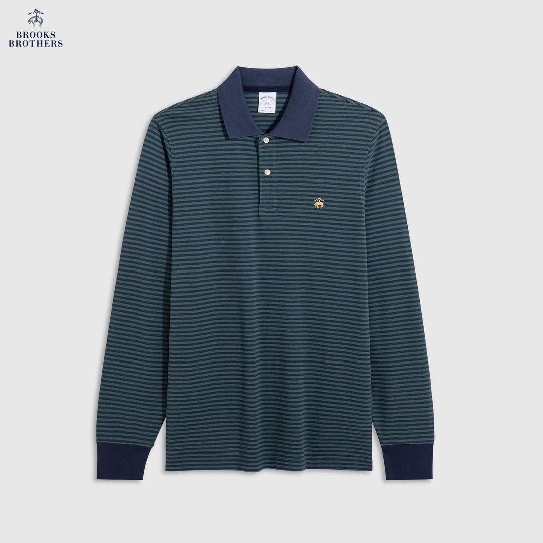 Brooks Brothers/布克兄弟男士25早秋新品纯棉条纹金羊长袖polo衫