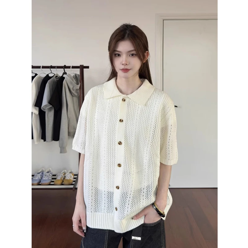 老钱风短袖男款夏季美式防晒开衫针织镂空衬衫高级感翻领polo衬衫