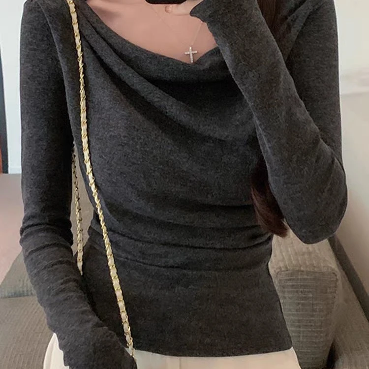 春秋长袖褶皱常规款解构感打底T恤秋冬气质荡领丁达尔风长袖修身