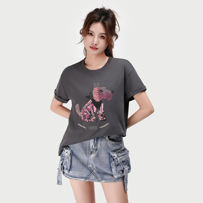 JY3TX2911夏季新款时尚绣花小狗百搭男女同款显瘦短袖T恤