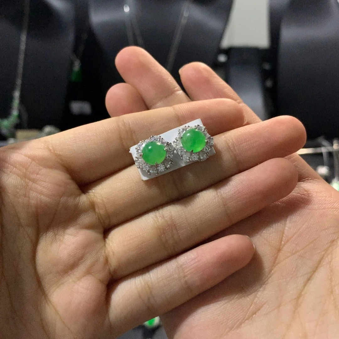 银S925镶嵌翡翠耳饰耳钉