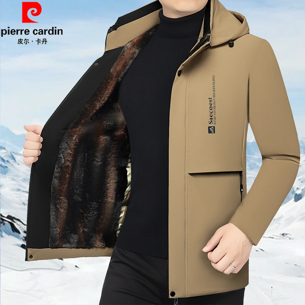 皮尔卡丹新款男士加绒加厚棉袄连帽上衣保暖棉衣男式棉服外套