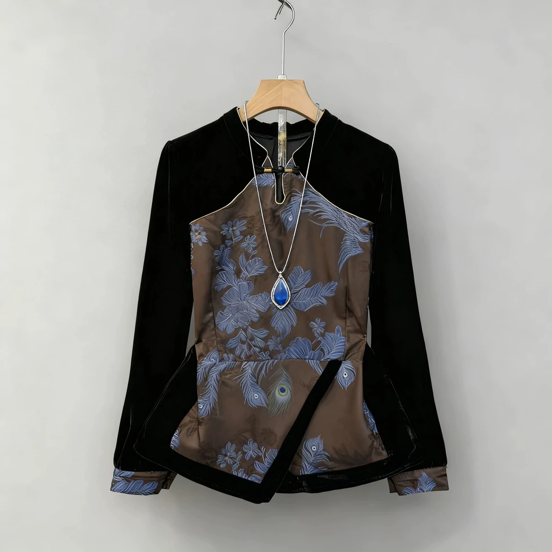 时尚百搭新中式立领长袖丝绒小衫拼接气质显瘦上衣