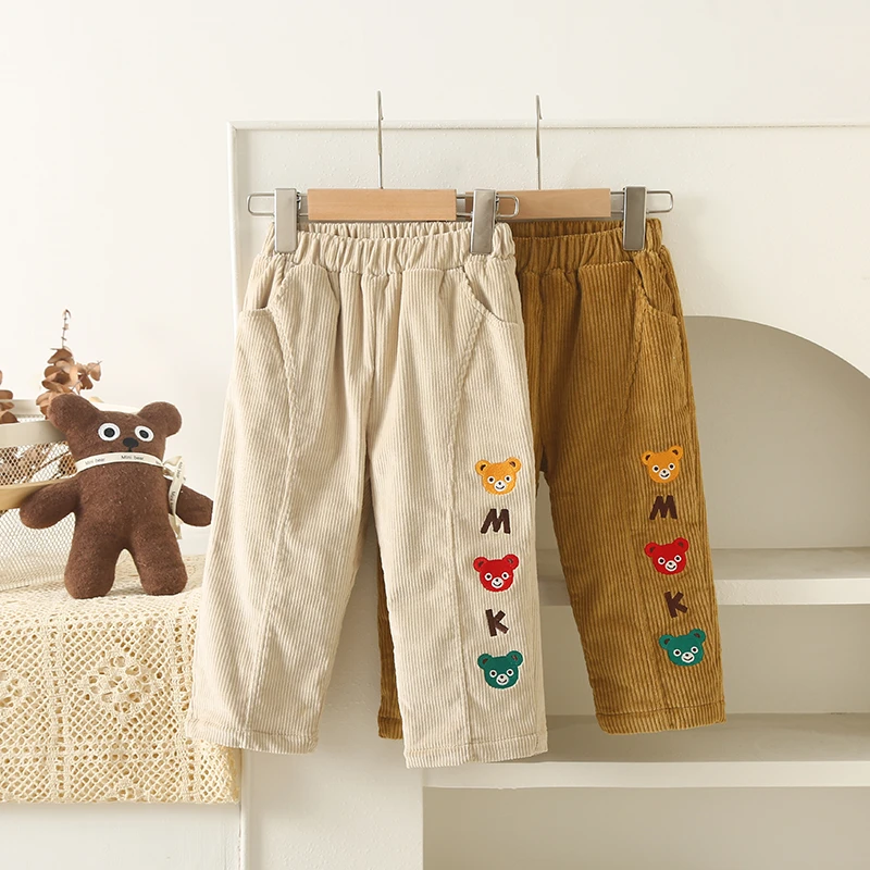 miki加绒休闲裤秋男女童外穿长裤潮宝宝卡通刺绣裤子773