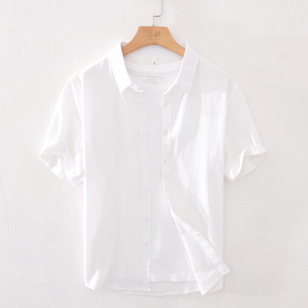 基础苎麻百搭短袖棉麻衬衫男士夏季清新休闲青年修身亚麻衬衣