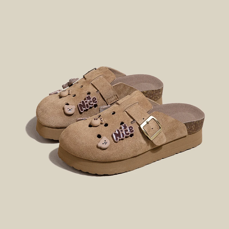 真皮厚底勃肯鞋女时尚增高2025新款夏季洞洞鞋懒人半拖鞋外穿百搭