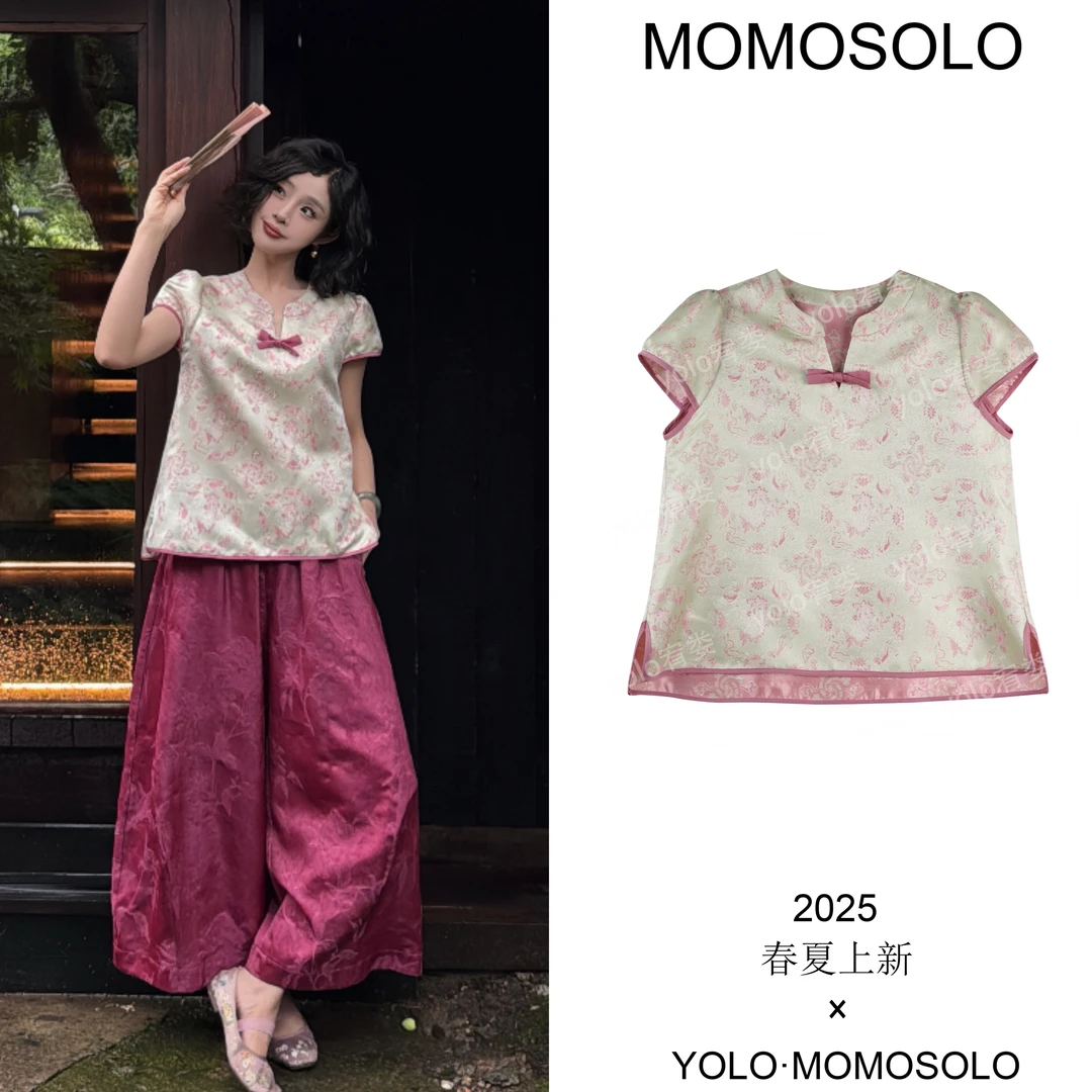 •粉莺•2025原创花鸟宝相花人丝中式宋锦工艺蝴蝶结短袖上衣YM2091