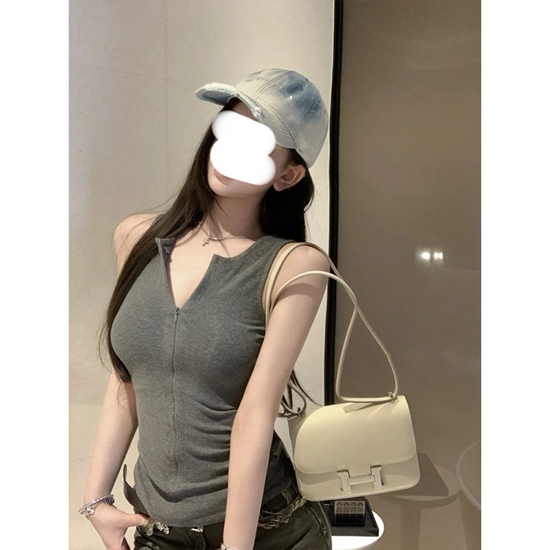 Moses Queen/魔西女王辣妹圆领拉链无袖吊带背心女夏时尚修身上衣