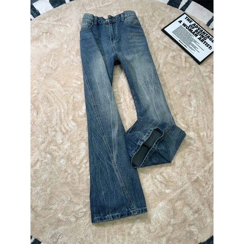 蓝色斜切微喇牛仔裤男款直筒修身闪电纹裤子美式高街弯刀裤工装裤