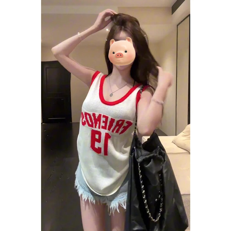 红色字母U领针织吊带背心女夏季外穿宽松无袖辣妹篮球服球衣上衣