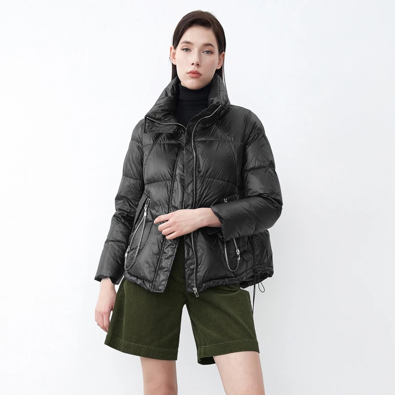 sdeer圣迪奥女装个性高领拉链拼接抽绳短款保暖羽绒服S21482467
