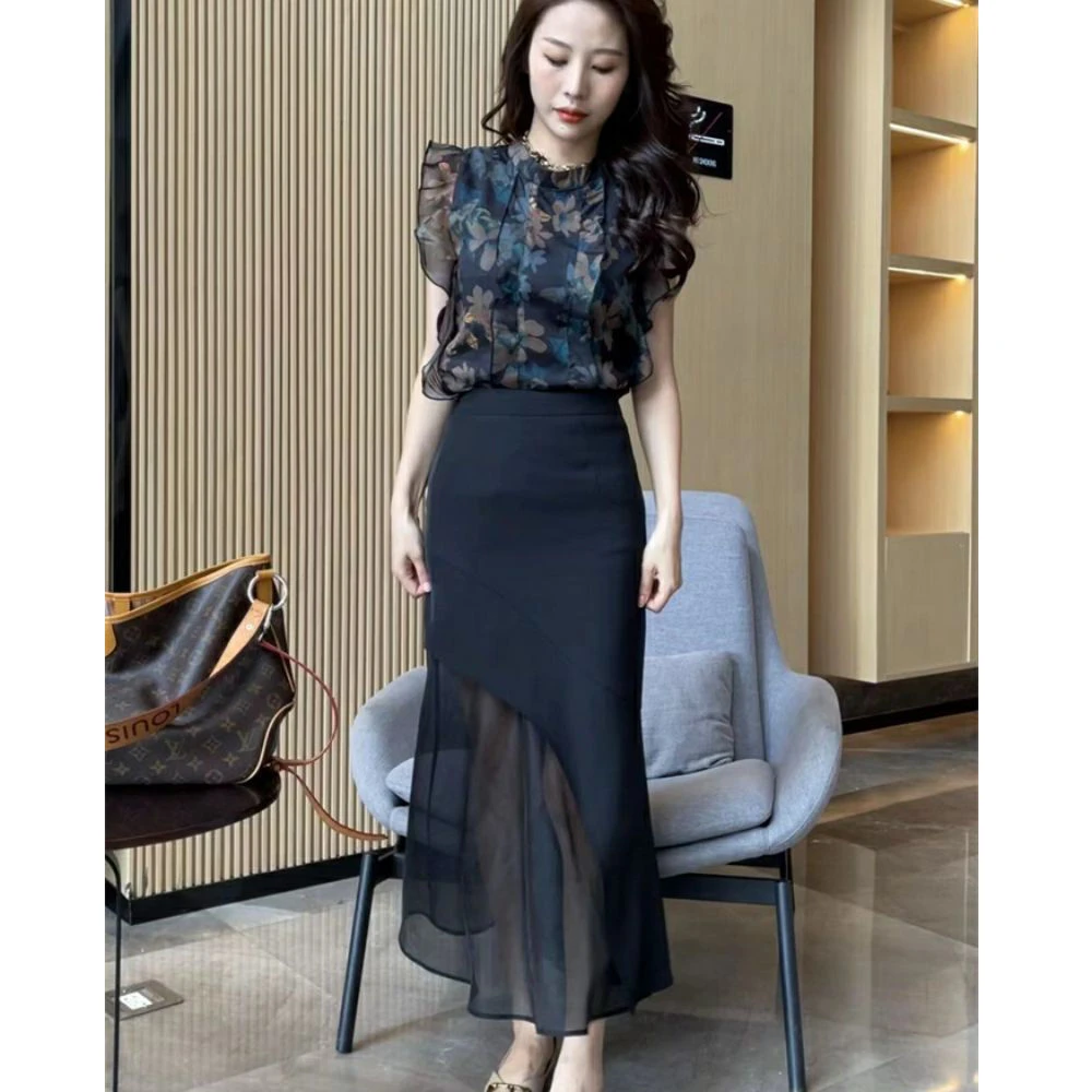 新款两件套无袖印花衬衫+拼接网纱半身鱼尾裙时尚套装女2025年夏