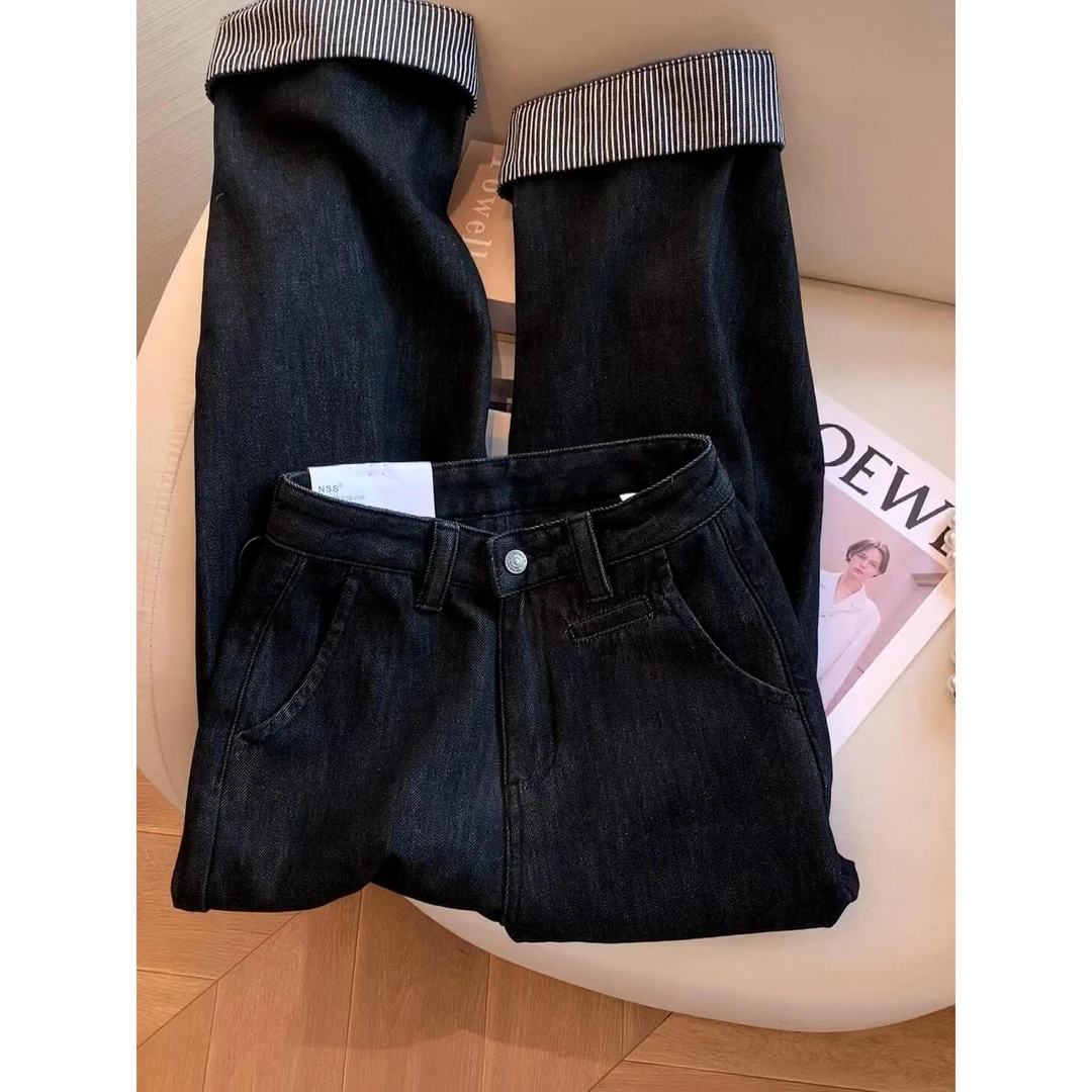 韩系条纹卷边拼接阔腿牛仔裤女秋冬季加厚高腰宽松显瘦直筒长裤子