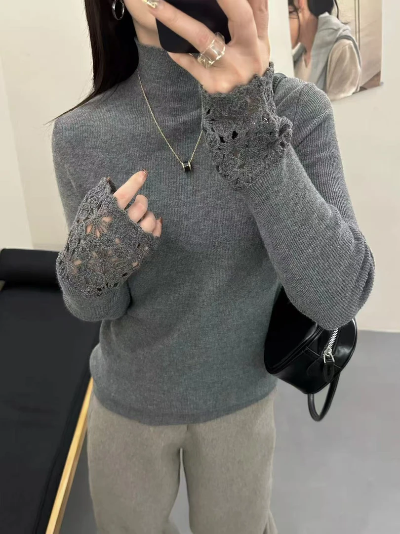 灰色半高领镂空钩花毛衣女2025秋冬新款别致设计感纯色针织衫上衣