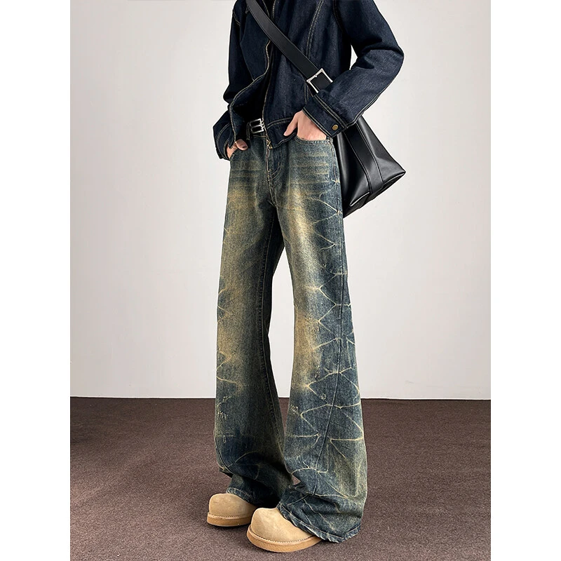 美式微喇牛仔裤2025春夏新款美式休闲百搭复古高腰水洗做旧长裤子