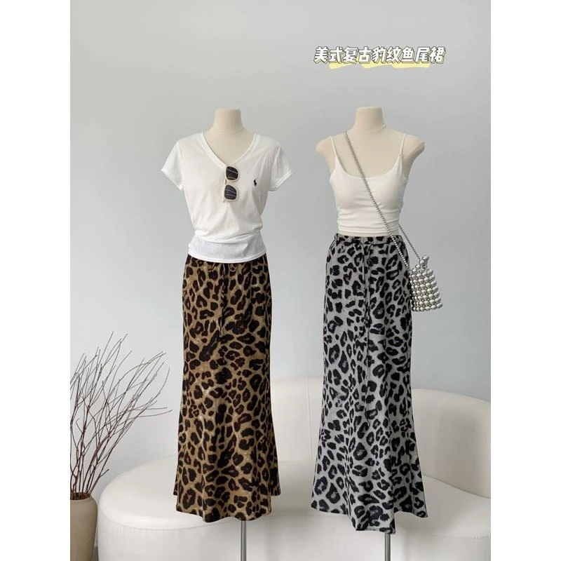 2025夏季新款百搭抽绳高腰小众复古豹纹鱼尾A字半身裙气质长裙子