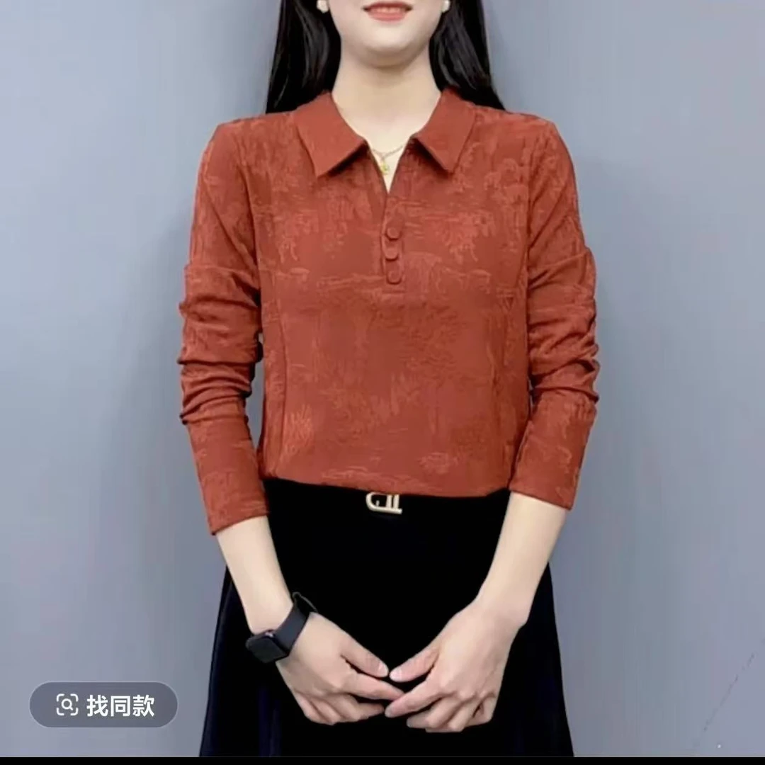 提花polo领长袖女士印花洋气翻领休闲上衣时尚大码妈妈装显瘦
