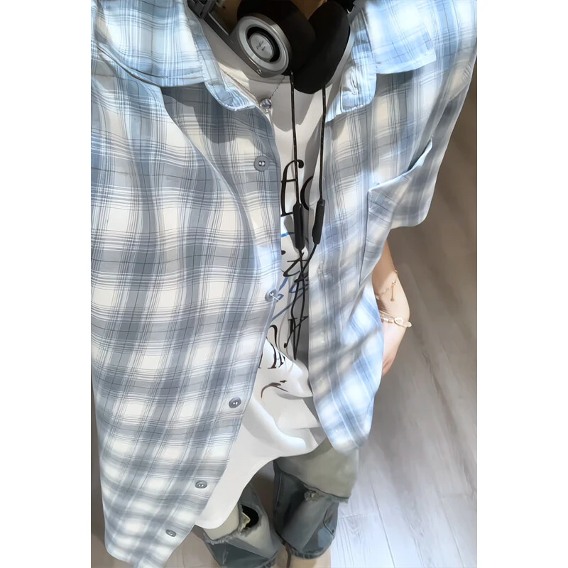 vintage蓝色格子短袖衬衫男2025夏季新款宽松休闲情侣半袖衬衣潮