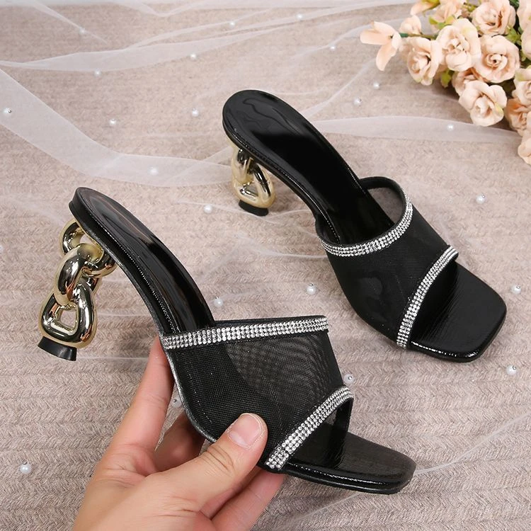 夏天爆款水钻高跟鞋凉鞋新款洋气网纱凉拖时尚仙女凉拖鞋外穿舒适