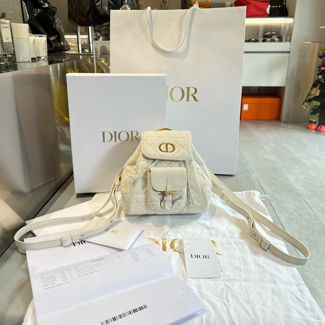 99新 DIOR/迪奥 Dior Caro Caro白金羊皮藤格纹双肩包实用时髦精
