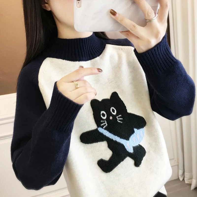 初中生半高领加厚毛衣少女秋冬内搭高中学生女大童加绒打底针织衫