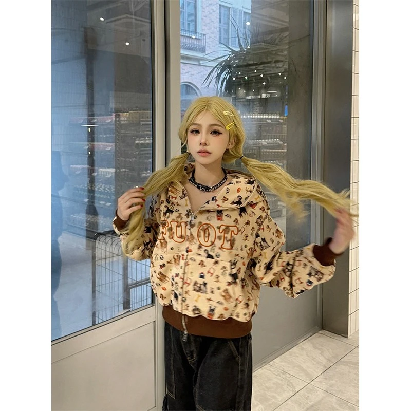 YWBY刺绣款美式复古慵懒风潮牌连帽卫衣女早秋休闲百搭设计感外套