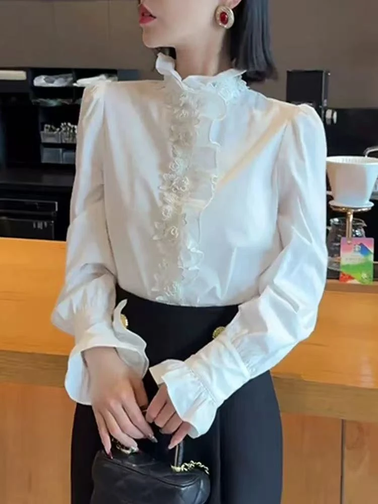 气质设计感法式衬衫女春秋款宽松木耳边长袖独特漂亮洋气白色上衣