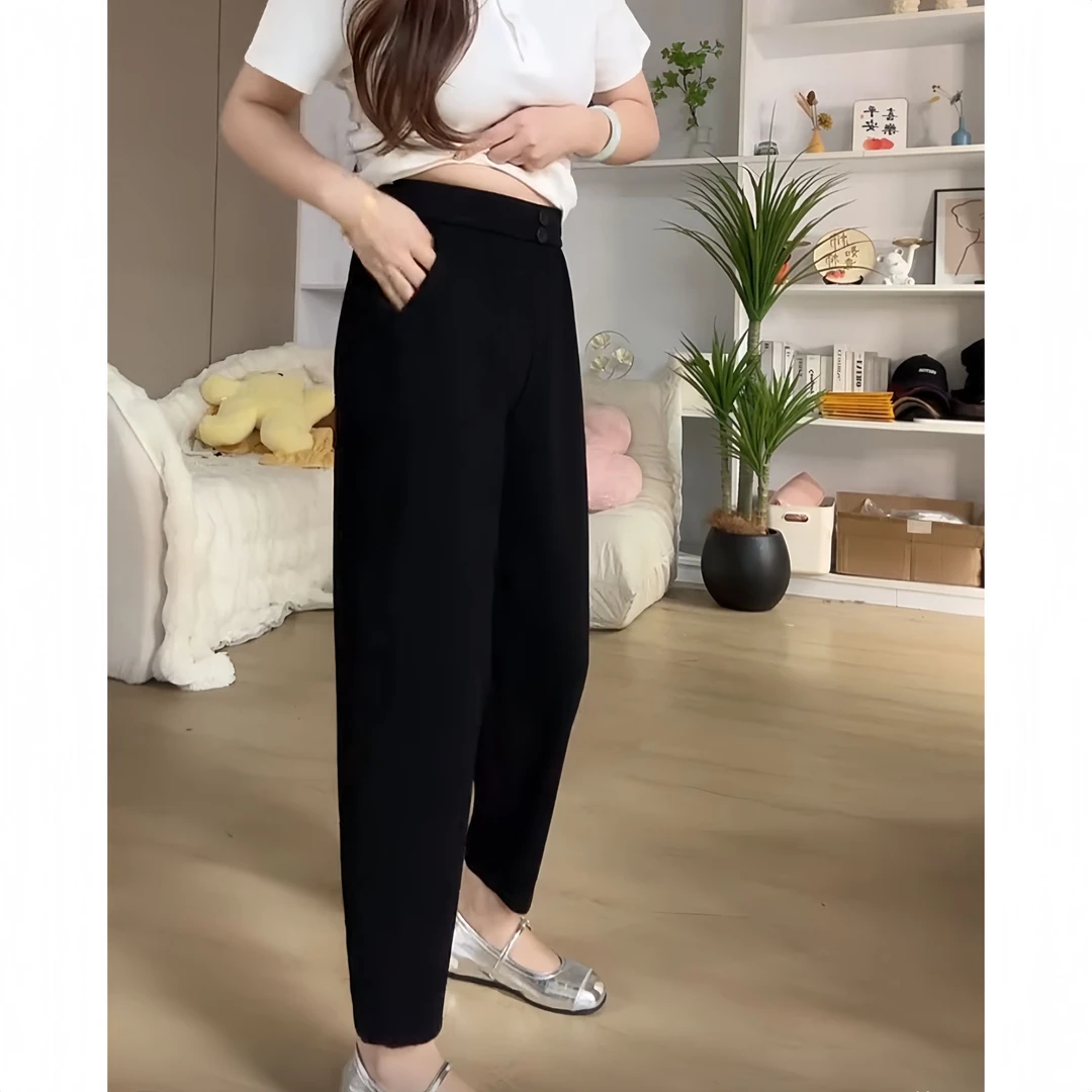 唐芯媛夏季薄款时尚百搭哈伦裤新款宽松显瘦小个子黑色八分萝卜裤