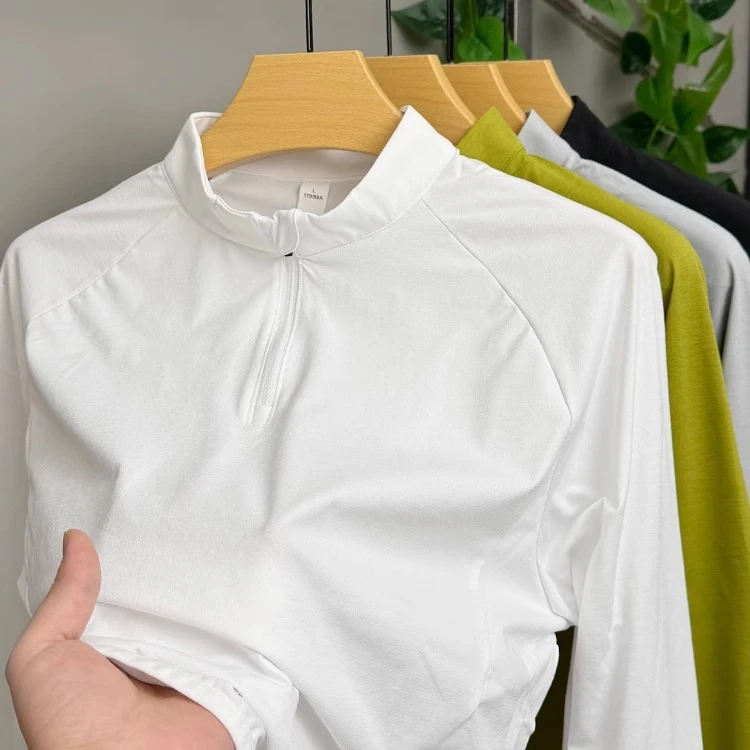 特大码300斤半拉链长袖t恤男士立领夏季薄款纯色防晒简约百搭上衣
