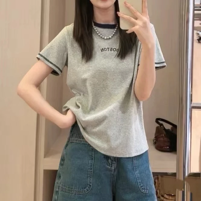 清仓-外贸原单-刺绣撞色短袖t恤女设计感小众显瘦上衣25011