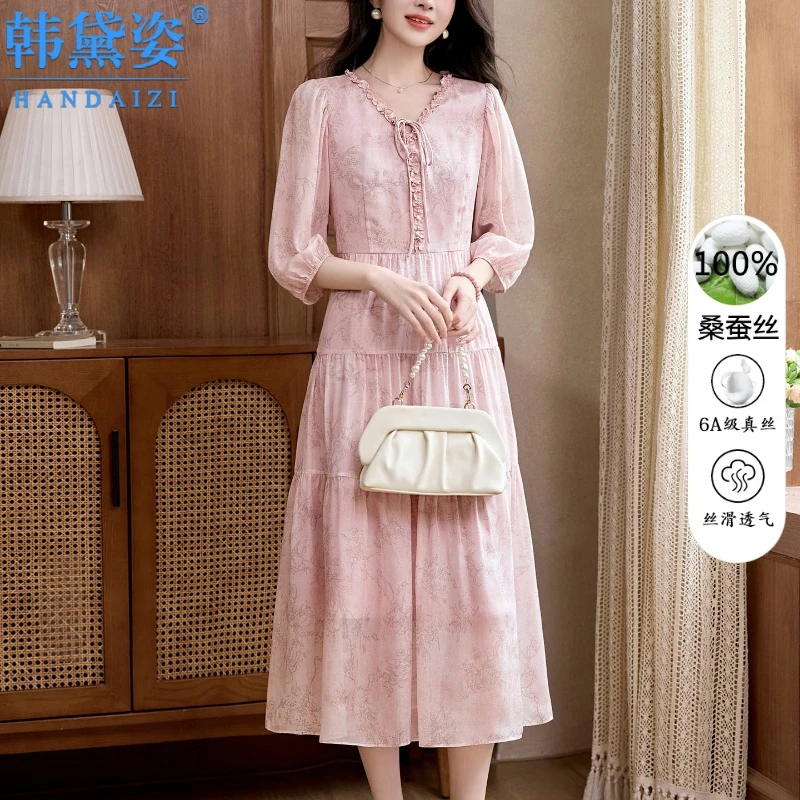 高端时尚V领桑蚕丝真丝连衣裙女中长款气质显瘦桑七分袖印花裙子