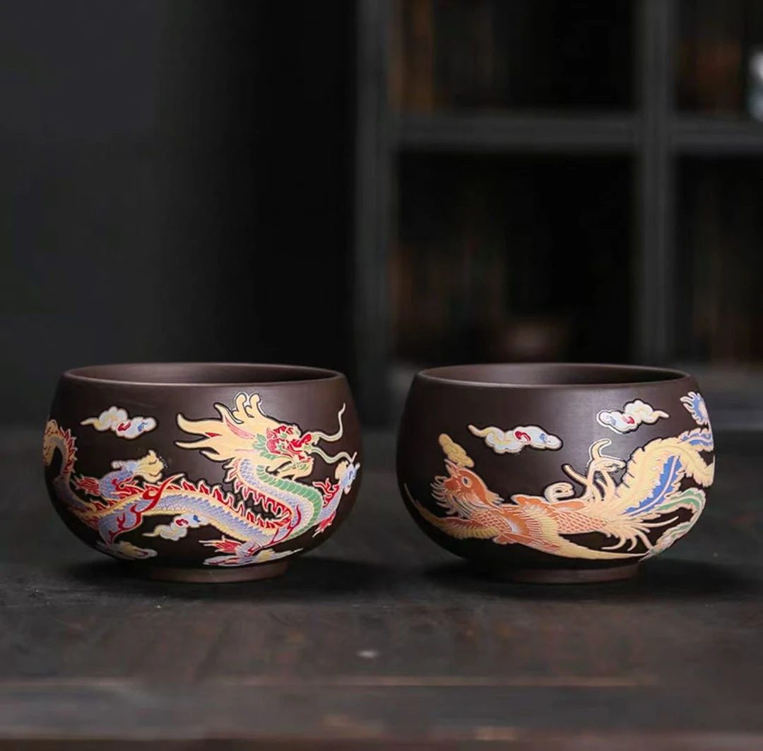 紫砂创意国潮遇热变色龙凤呈祥主人情侣对杯茶杯（无礼盒）ZHTJ0036