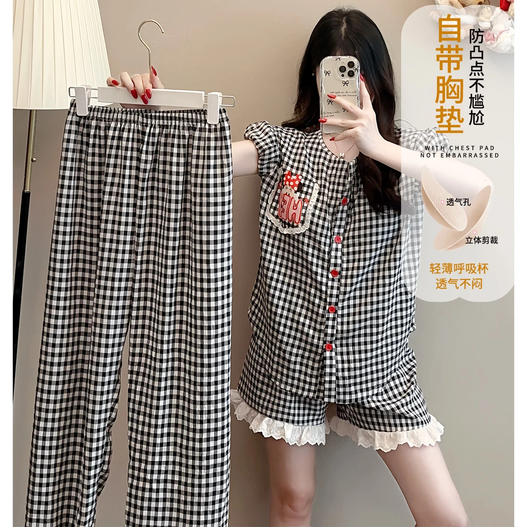 云朵棉睡衣女夏季天格子短袖三件套装2025新款带胸垫家居服薄
