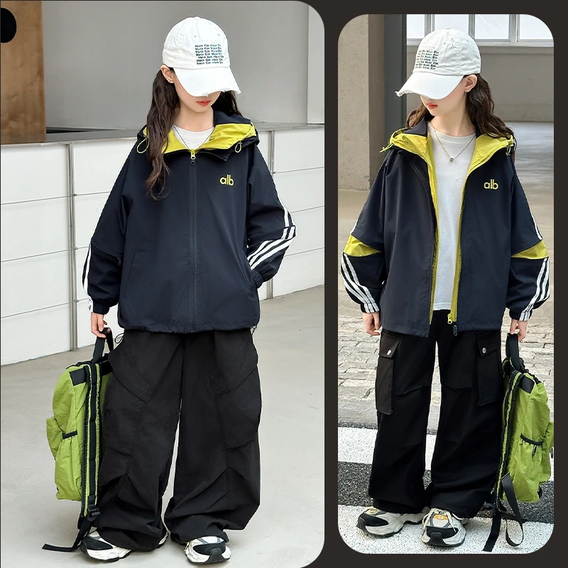 女童秋季假两件拉条冲锋衣外套6~12岁中大童宽松洋气韩版时髦潮款