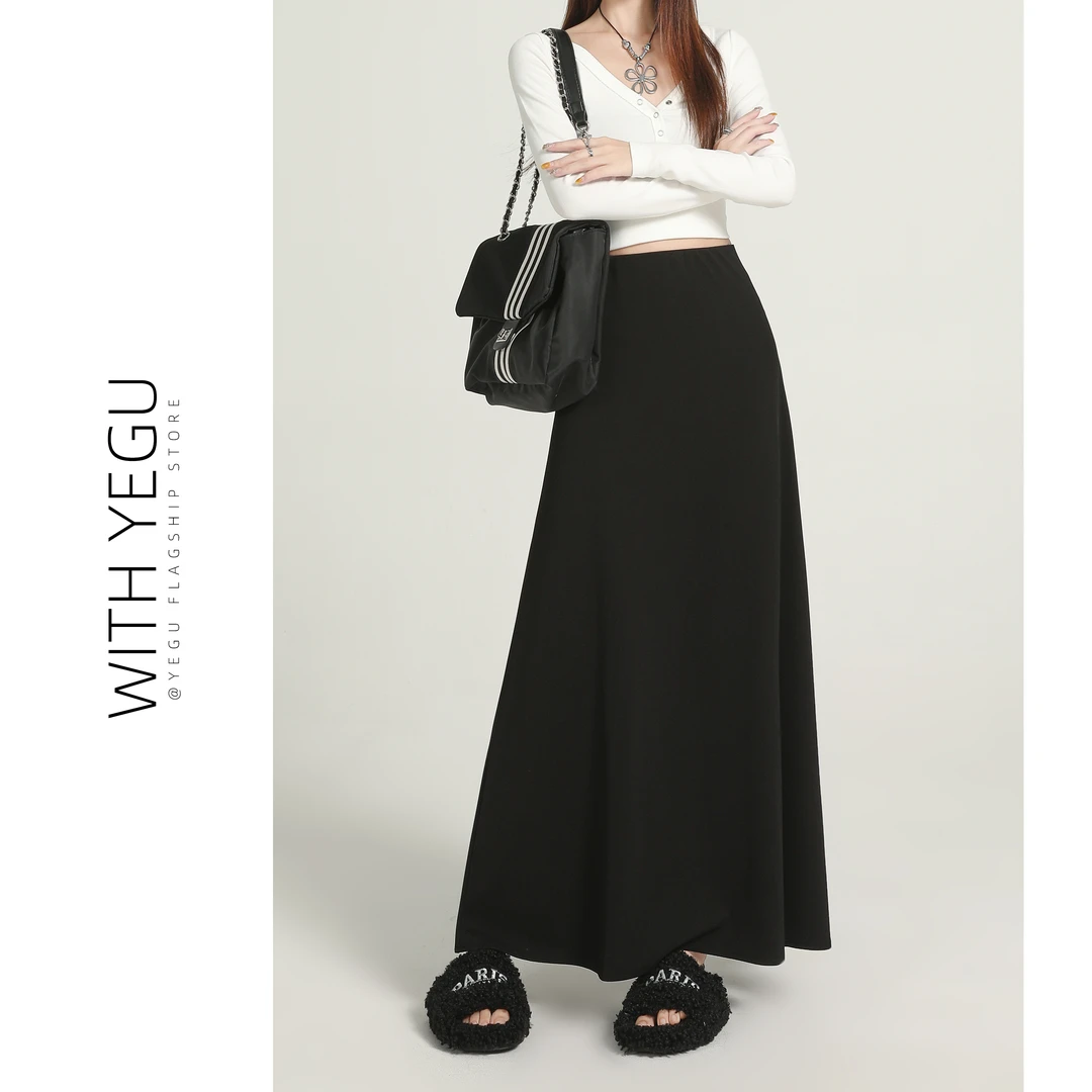 气质黑色大摆半身裙女春夏秋季高腰中长款a字伞裙到脚踝西装长裙