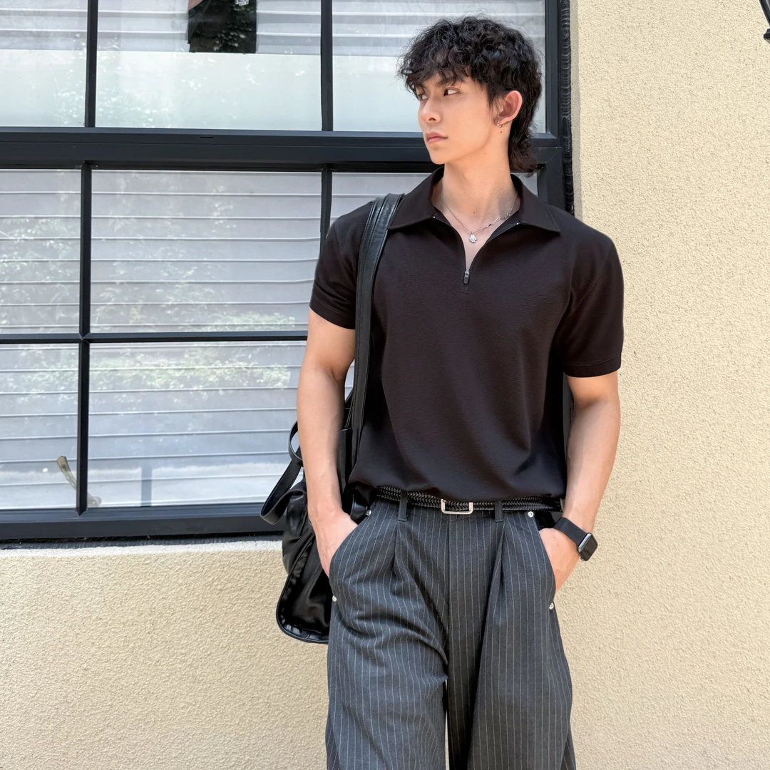 TF老钱风横机拉链POLO衫翻高弹抗皱纹理领男夏季设计感休闲短袖
