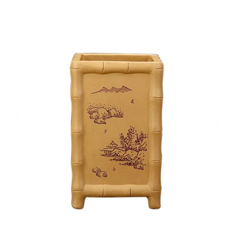 黄金段泥手工四方竹节紫砂兰花盆