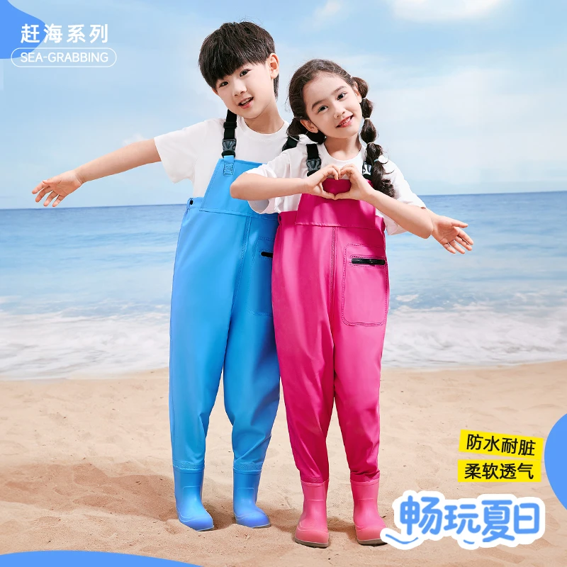 儿童赶海连体裤户外服全身防水雨裤雨靴一体钓鱼服装备涉水下水裤