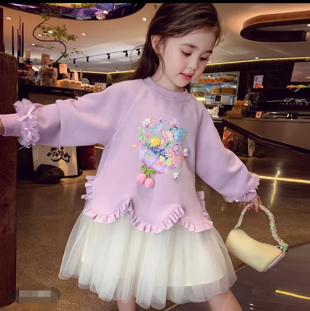 女童秋季时髦拼接网纱公主卫衣裙2025秋季新款可爱连衣裙