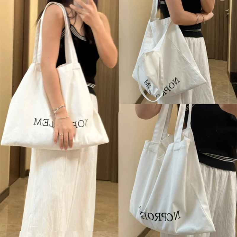 简约英文帆布袋NOPROBLEM百搭大容量环保袋百搭单肩包敞口文艺包
