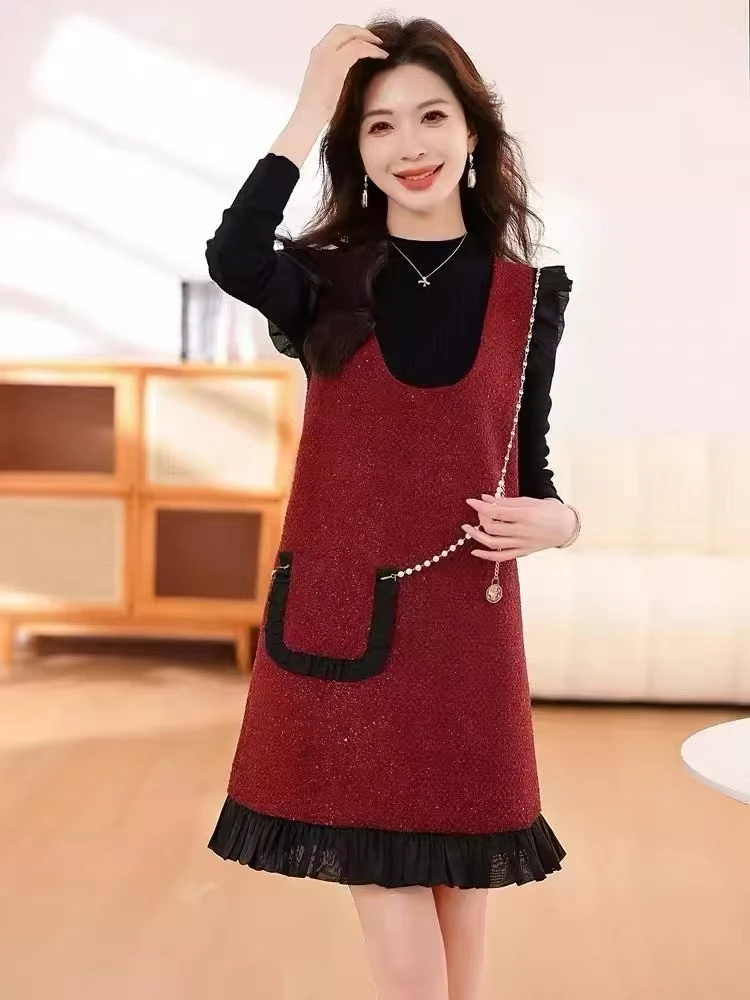 新品女时尚复古小香风品质两件套裙花边袖T919